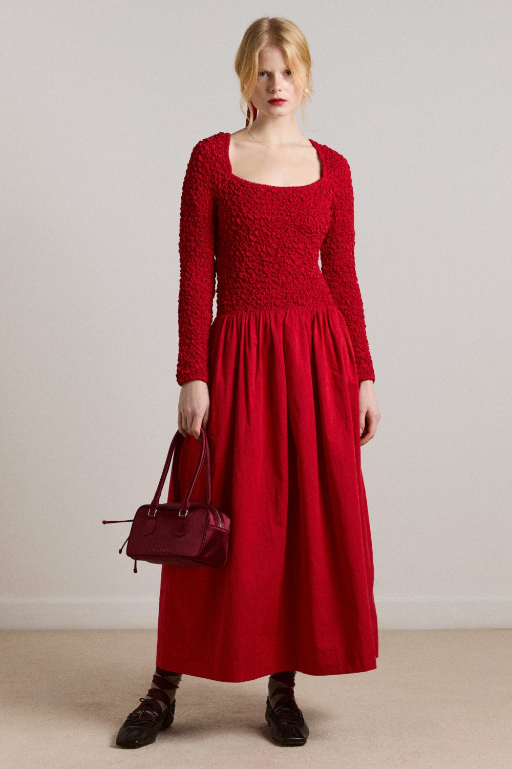 Damson Madder malinda ls smocked midi dress- red