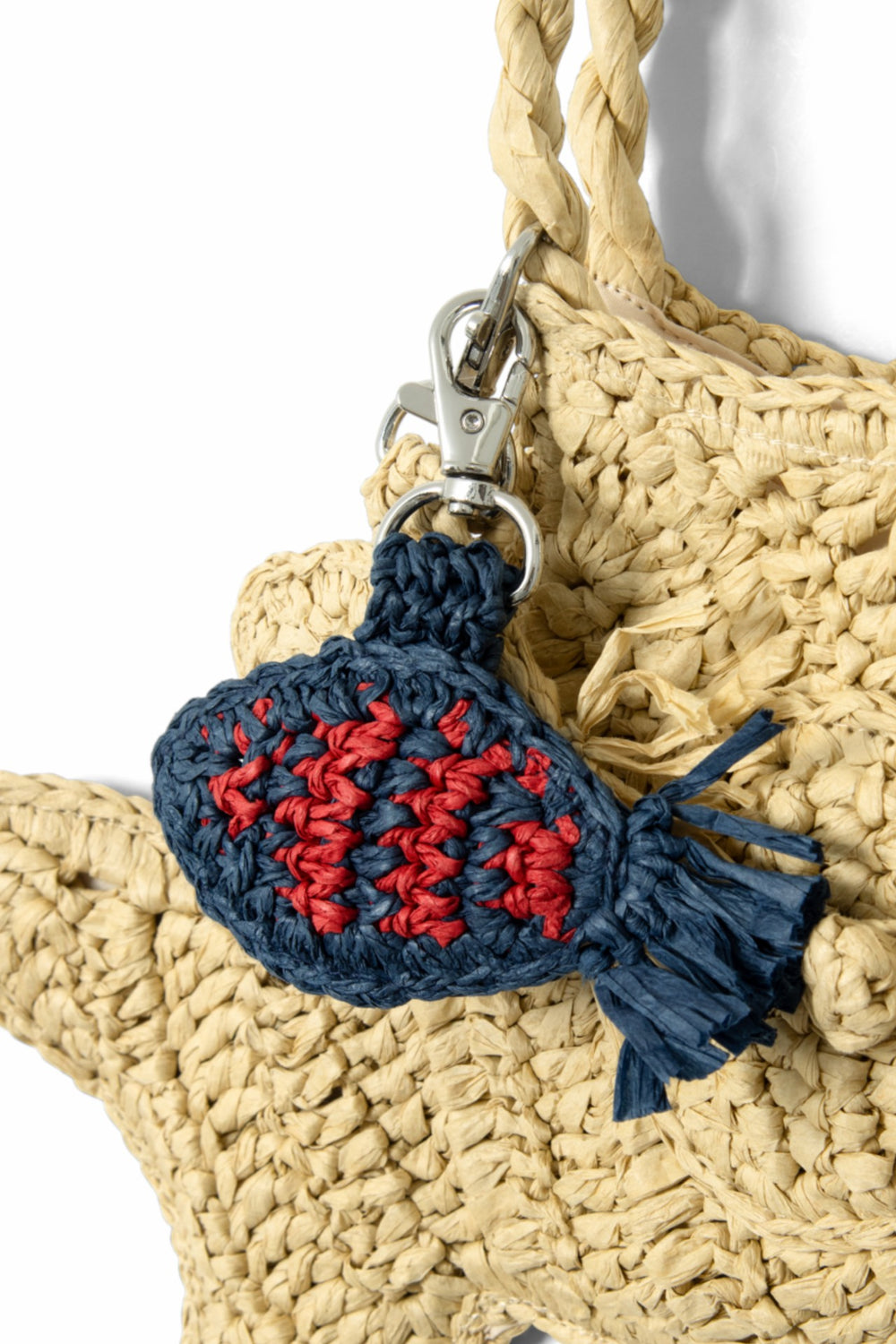 Damson Madder raffia fish bag charm - blue & red stripe